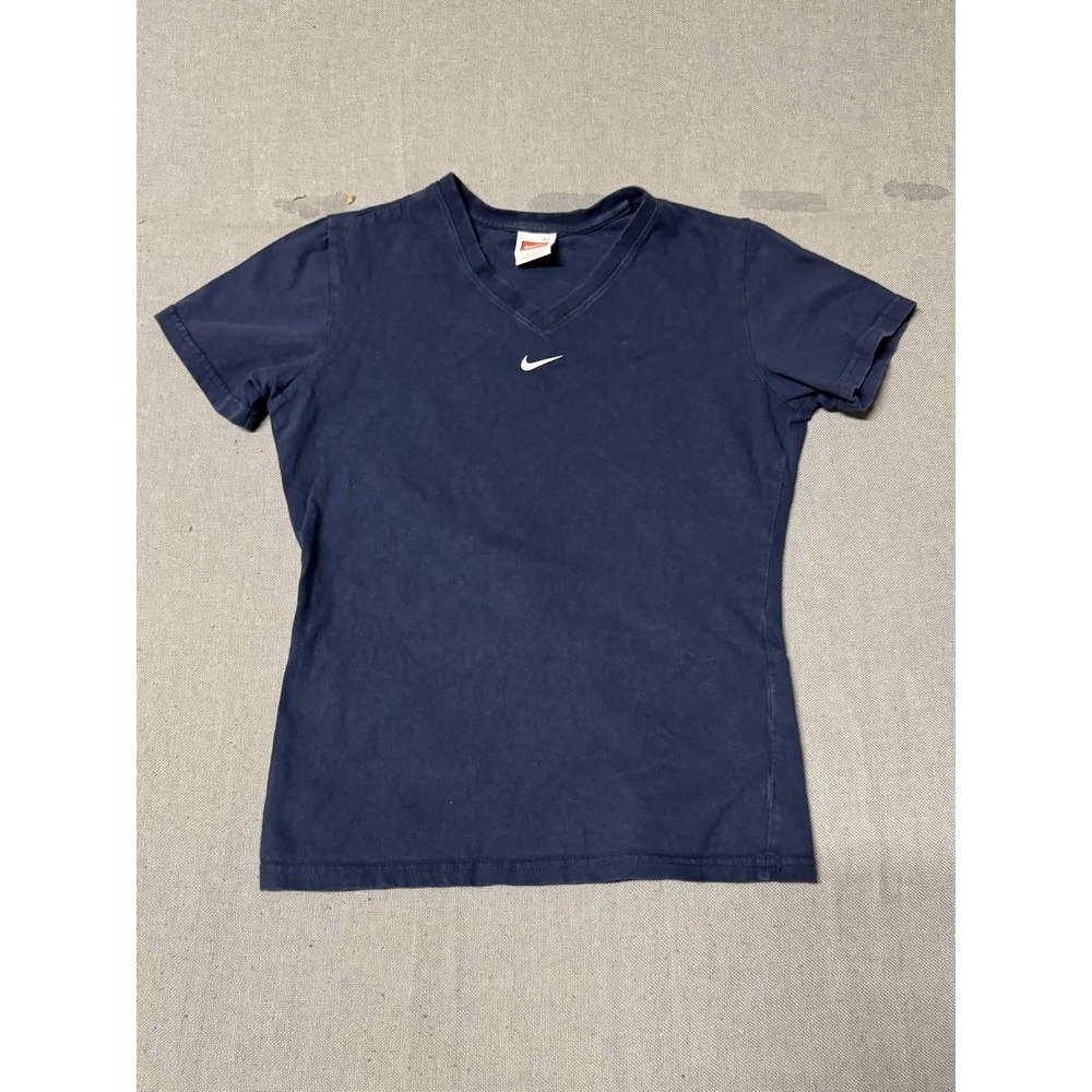 Nike Team Girls T-Shirt V-Neck Navy Blue Cotton Size Medium M 8-10 Excellent